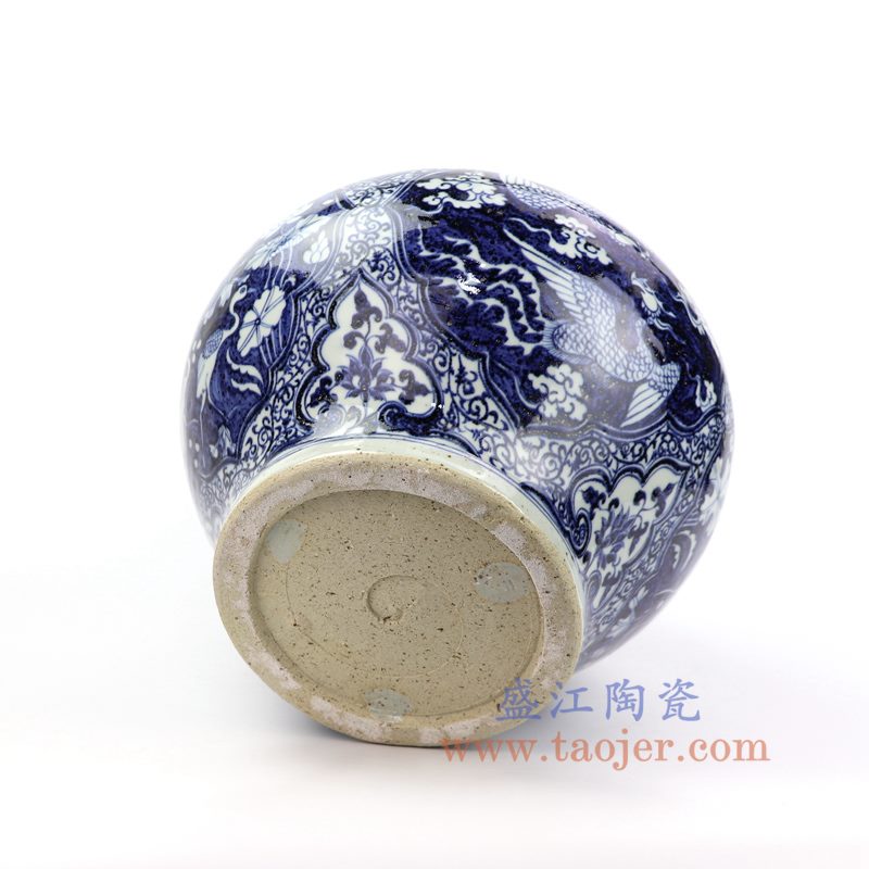 上图：RZNI17 盛江陶瓷 仿古元青花手绘开窗双鹤荷花陶瓷罐