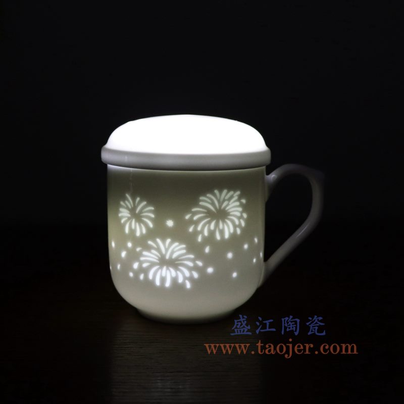 盛江陶瓷 玲珑镂空过滤带盖手柄办公会议茶杯子