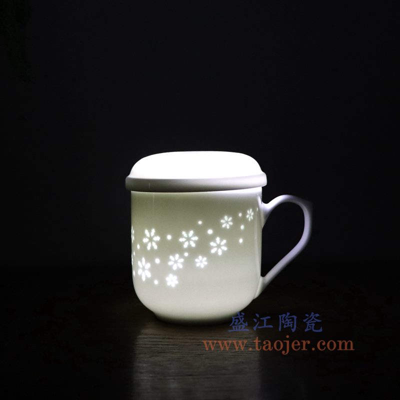 盛江陶瓷 玲珑镂空过滤带盖手柄办公会议茶杯子