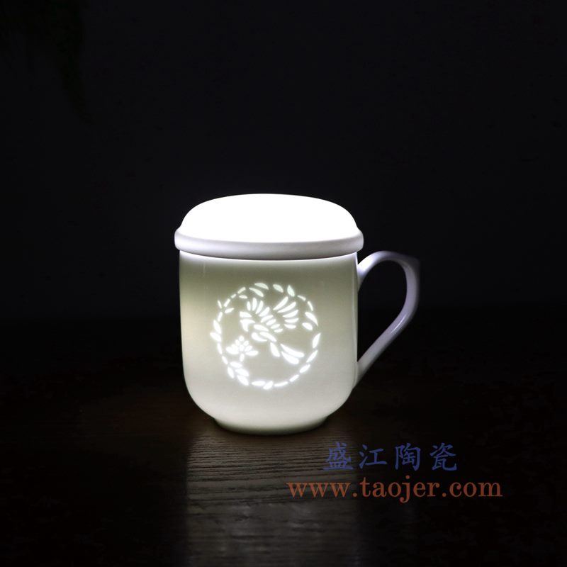 盛江陶瓷 玲珑镂空过滤带盖手柄办公会议茶杯子