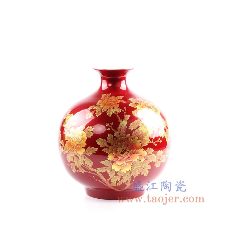上图: RZOK01-A 中国红水晶釉花开富贵牡丹花石榴瓶赏瓶花插花瓶中式装饰品