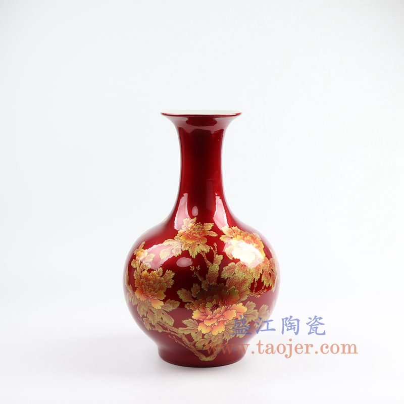 上图：RZOK01-B 中国红水晶釉花开富贵牡丹花赏瓶花插花瓶中式装饰品
