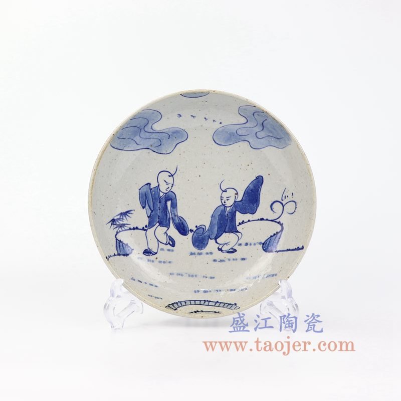 上图：RZOQ01-B 盛江陶瓷 仿古手绘青花人物瓷盘 摆盘 挂盘 赏盘 