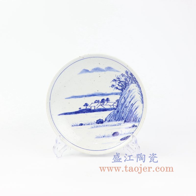 上图:RZOQ01-D 盛江陶瓷 仿古手绘青花山水 摆盘 挂盘 赏盘