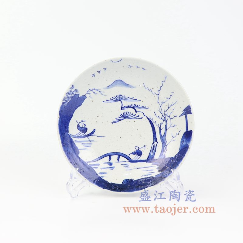上图:RZOQ01-E 盛江陶瓷 仿古手绘青花 人物山水 摆盘 挂盘 赏盘
