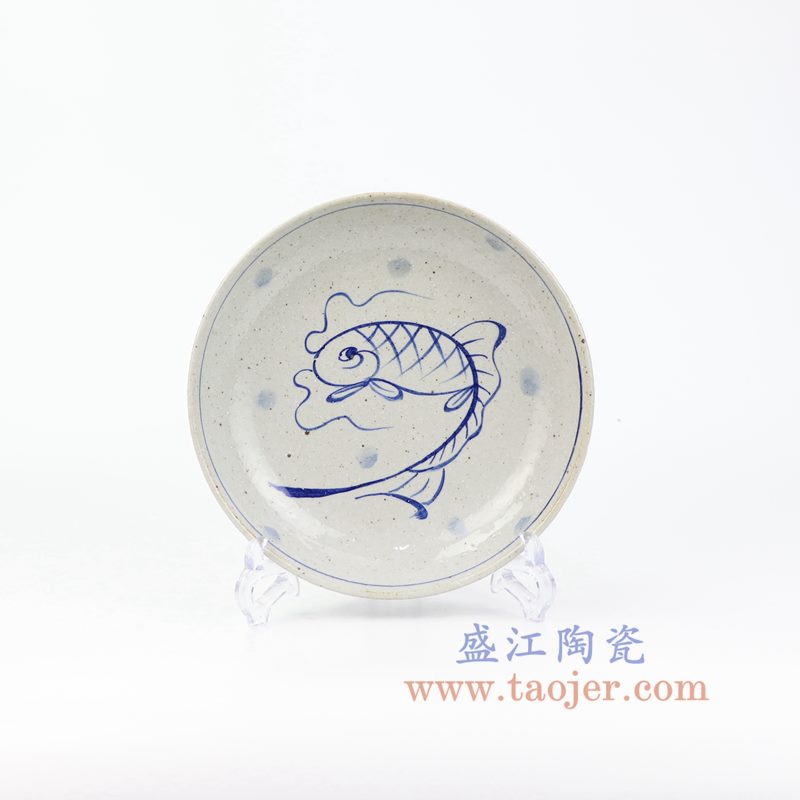 上图:RZOQ01-G 盛江陶瓷 仿古手绘青花 鱼纹 瓷盘 摆盘 挂盘 赏盘