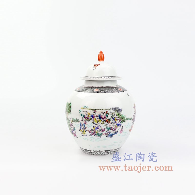 上图:RZOR01 盛江陶瓷 仿古 手绘粉彩 百子图 陶瓷罐 茶叶罐 储物罐