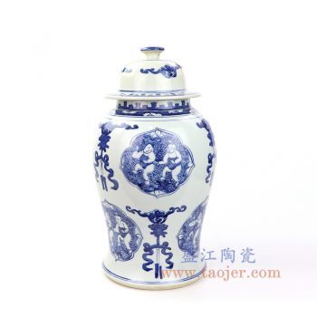 RZOT02-A 景德镇陶瓷 仿古 纯手工手绘 青花 婴戏将军罐 盖罐 储物罐