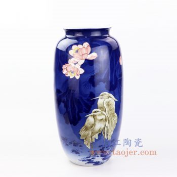 RZOV01 景德镇陶瓷 手绘蓝底粉彩花鸟花插花瓶