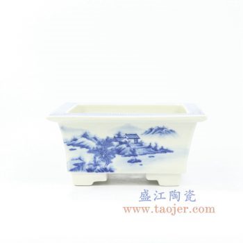 RZOW01 景德镇陶瓷 手绘 青花山里人家四方花盆