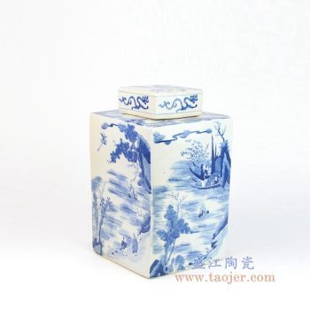 RYQQ10-C 景德镇陶瓷 青花人物山水四方茶叶罐