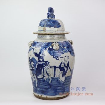 RZEY13-B 景德镇陶瓷 青花狮子头童子人物将军罐