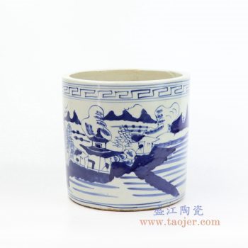 RZKT03-F 景德镇陶瓷  大明青花山水纹笔筒