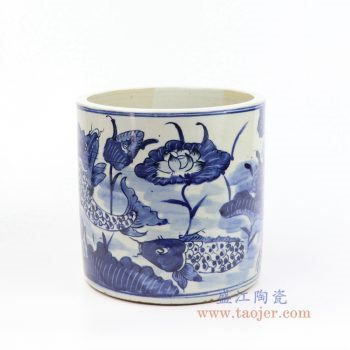 RZKT03-G 景德镇陶瓷 青花荷花手绘圆形笔筒