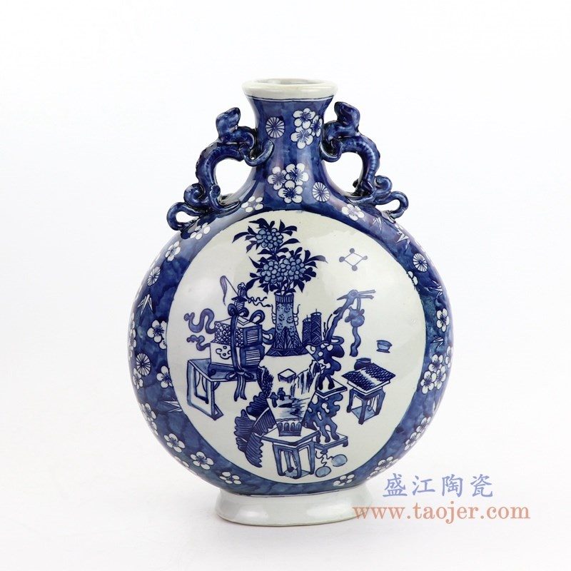 RYWD25 盛江陶瓷 青花博古双耳大扁瓶