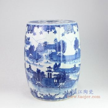 RZOY10 景德镇陶瓷 青花山水阁楼凳