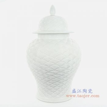 RYJF68 景德镇陶瓷 雕刻将军罐手工白色海水浪鱼纹陶瓷将军罐