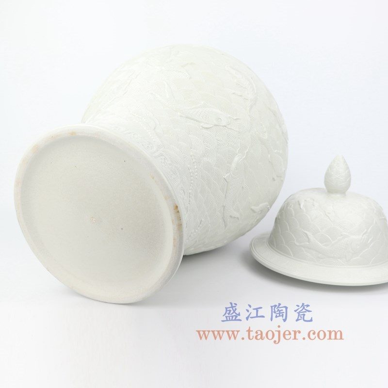 RYJF68 盛江陶瓷 雕刻将军罐手工白色海水浪鱼纹陶瓷将军罐
