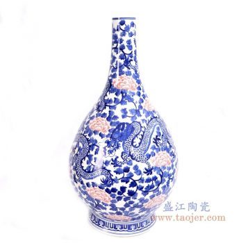 RYLU165 景德镇陶瓷 青花釉里红牡丹花纹龙胆瓶