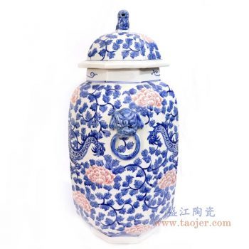 RYLU166 景德镇陶瓷 青花釉里红牡丹花纹冬瓜罐