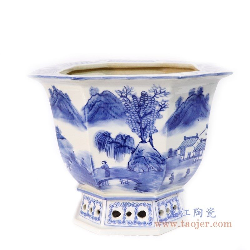 RYLU168-big 盛江陶瓷 仿古手绘青花山水人物多边形花盆