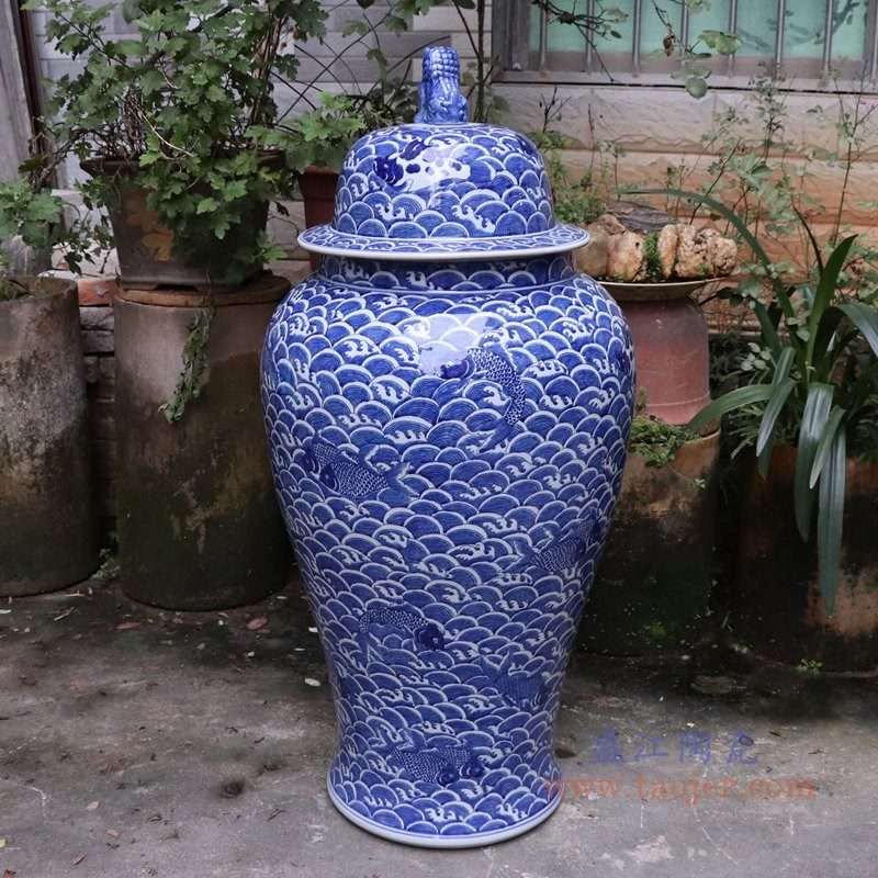 RYLU175-D 盛江陶瓷 青花带盖储物罐将军罐