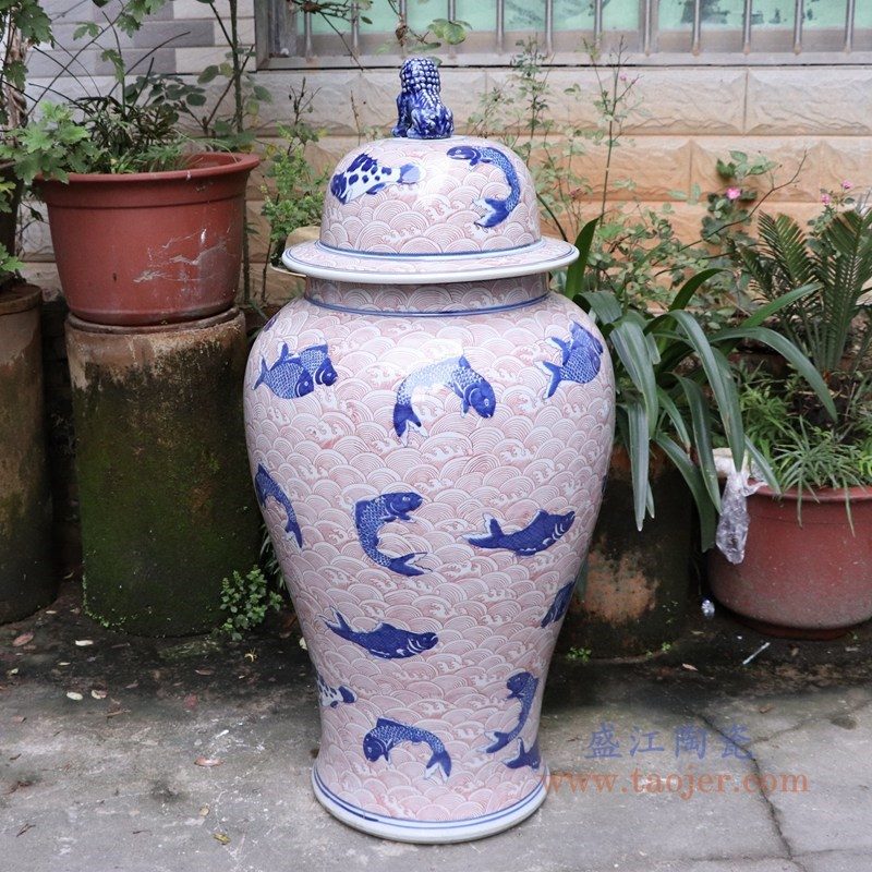 RYLU175-G 盛江陶瓷 青花带盖储物罐将军罐