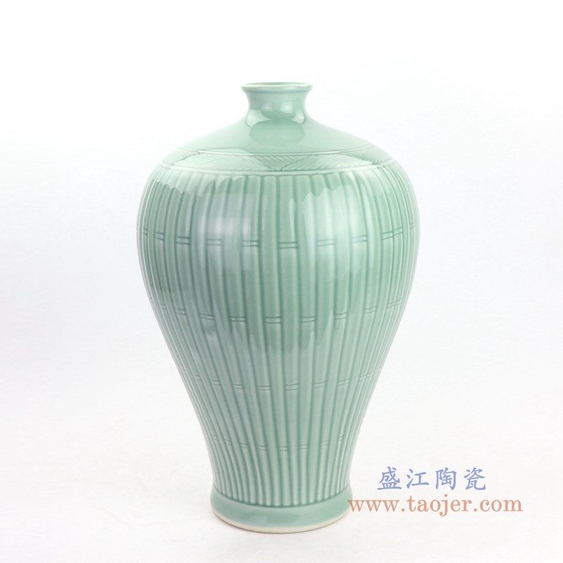 RYMA103 盛江陶瓷 高温颜色釉雕刻影青豆绿瓜菱花瓶
