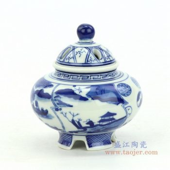 RZBP04-E 景德镇陶瓷 手绘青花开窗山水香炉