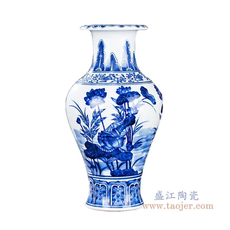RZKD16 盛江陶瓷 手绘青花荷花鱼尾瓶矮款
