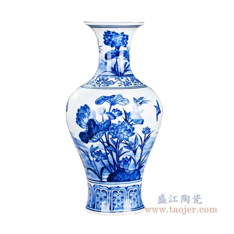 RZKD17 盛江陶瓷 手绘青花荷花鱼尾瓶