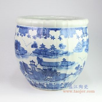 RZOY12 景德镇陶瓷 青花山水楼台缸