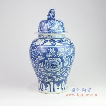 RZOY13 景德镇陶瓷 手绘青花牡丹狮子头将军罐