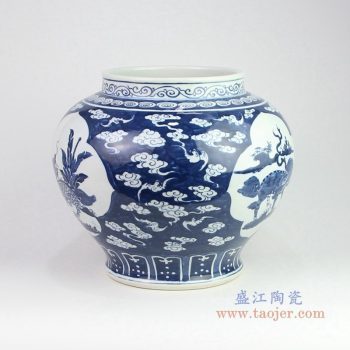 RZOY15 景德镇陶瓷 青花开光狮子图云纹罐 开窗 云蝠 麒麟罐