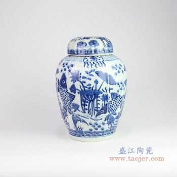 RZOY16-a 景德镇陶瓷 青花荷花鱼纹储物罐小号
