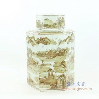RZOY29-big 景德镇陶瓷 山水纹酱色六方茶叶罐大号