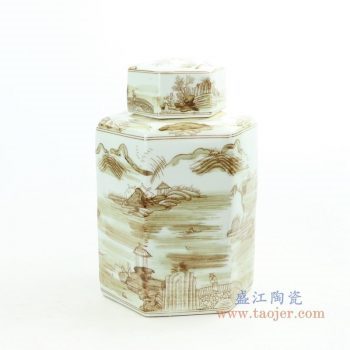 RZOY29-small 景德镇陶瓷 山水纹酱色六方茶叶罐小号