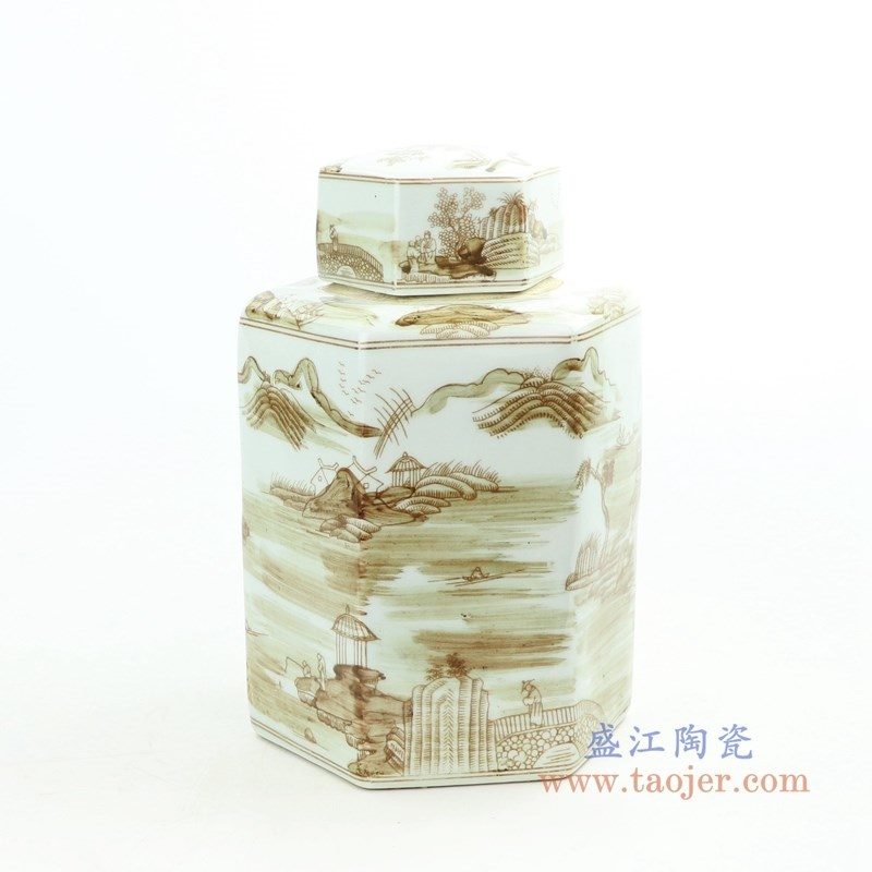 RZOY29-small 盛江陶瓷 山水纹酱色六方茶叶罐小号