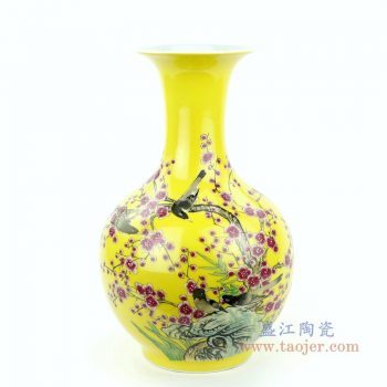 RZPE01-A 景德镇陶瓷 手绘粉彩花鸟赏瓶 黄底黄地喜上眉梢喜鹊梅花