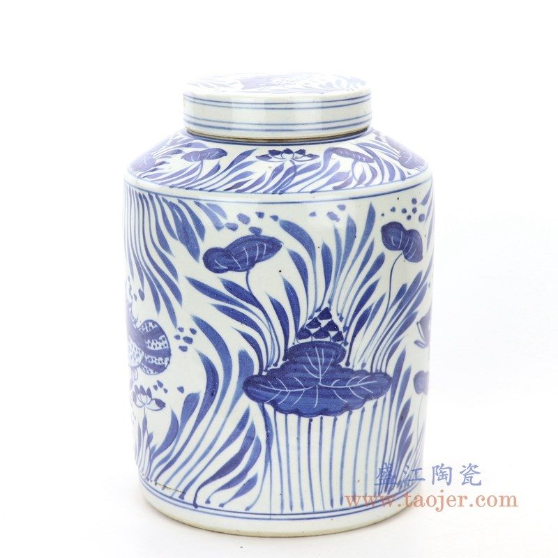 RZPI23 盛江陶瓷 陶瓷青花荷叶手绘茶叶罐