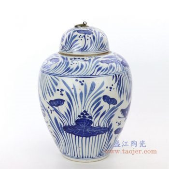 RZPI27-B 景德镇陶瓷 青花荷花鱼草纹茶叶罐