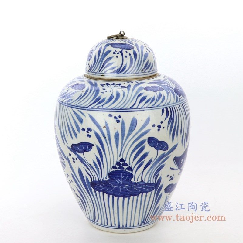 RZPI27-B 盛江陶瓷 青花荷花鱼草纹茶叶罐
