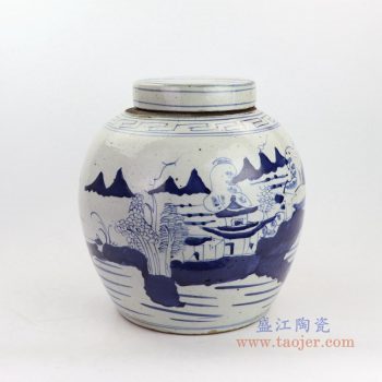 RZKT19-B-大号 景德镇陶瓷  青花山水图精品陶瓷盖罐