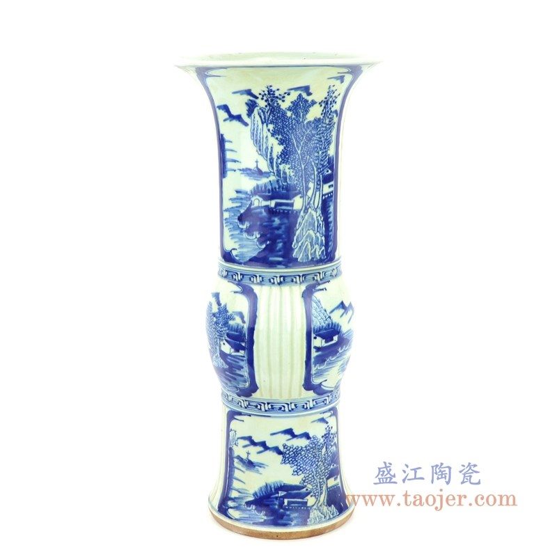 RZJI02 盛江陶瓷 全手工手绘青花山水图案花觚
