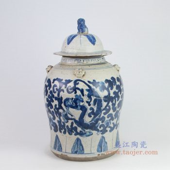 RZEY12-K-S小号 景德镇陶瓷 清光绪青花博古花纹狮子头将军盖罐