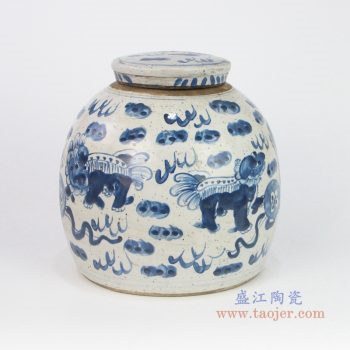 RZEY16-S-D-小号 景德镇陶瓷 青花狮子纹海藻图纹茶叶罐