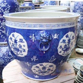 RYLU176-A 景德镇陶瓷 手绘仿古青花博古画双耳大金鱼缸风水缸花盆 鱼缸花盆