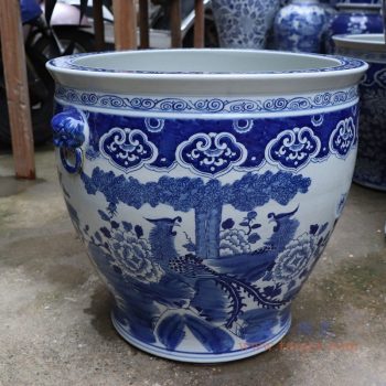 RYLU176-F 景德镇陶瓷 手绘青花荷花睡莲双耳金鱼缸花盆