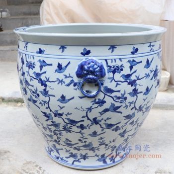 RYLU176-I 景德镇陶瓷 青花飞鸟图案双耳鱼缸乌龟缸睡莲缸水缸 花盆