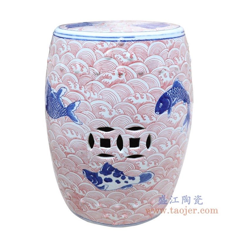 RYLU178-A 盛江陶瓷 青花釉里红海水龙纹陶瓷凳